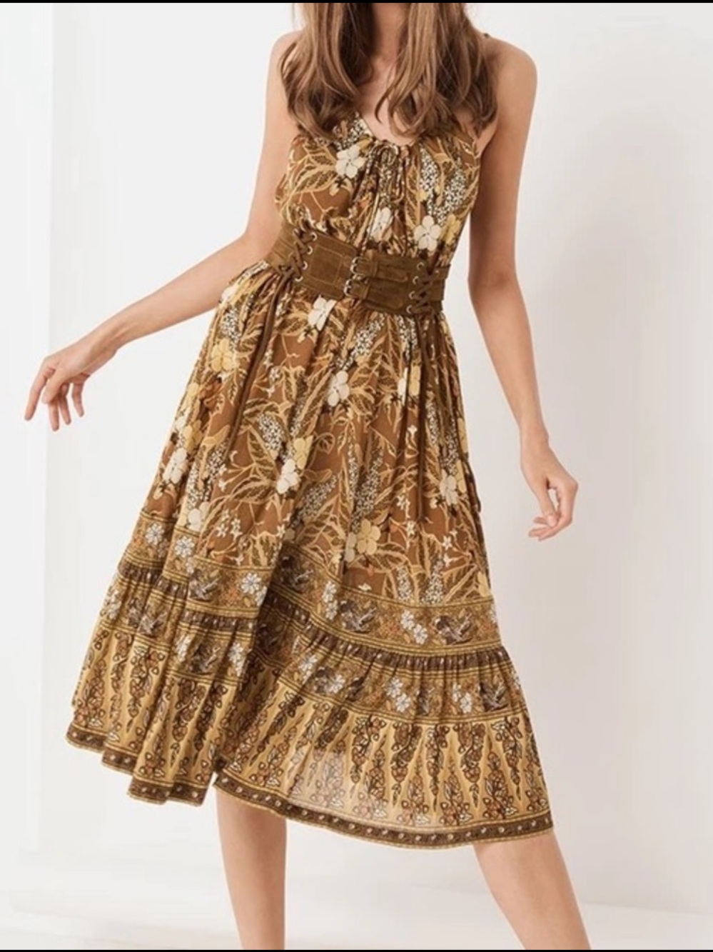 Spell Floral Midi Dress in Mustard Brown XS Excellent!